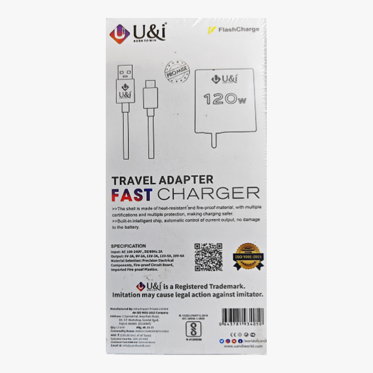 U&i 120W Flash Charge Charger with type-c cable (6 MONTHS GUARANTEE)